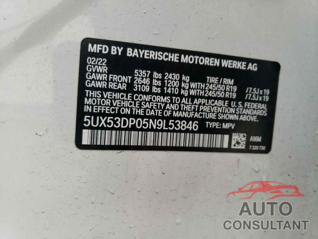 BMW X3 2022 - 5UX53DP05N9L53846
