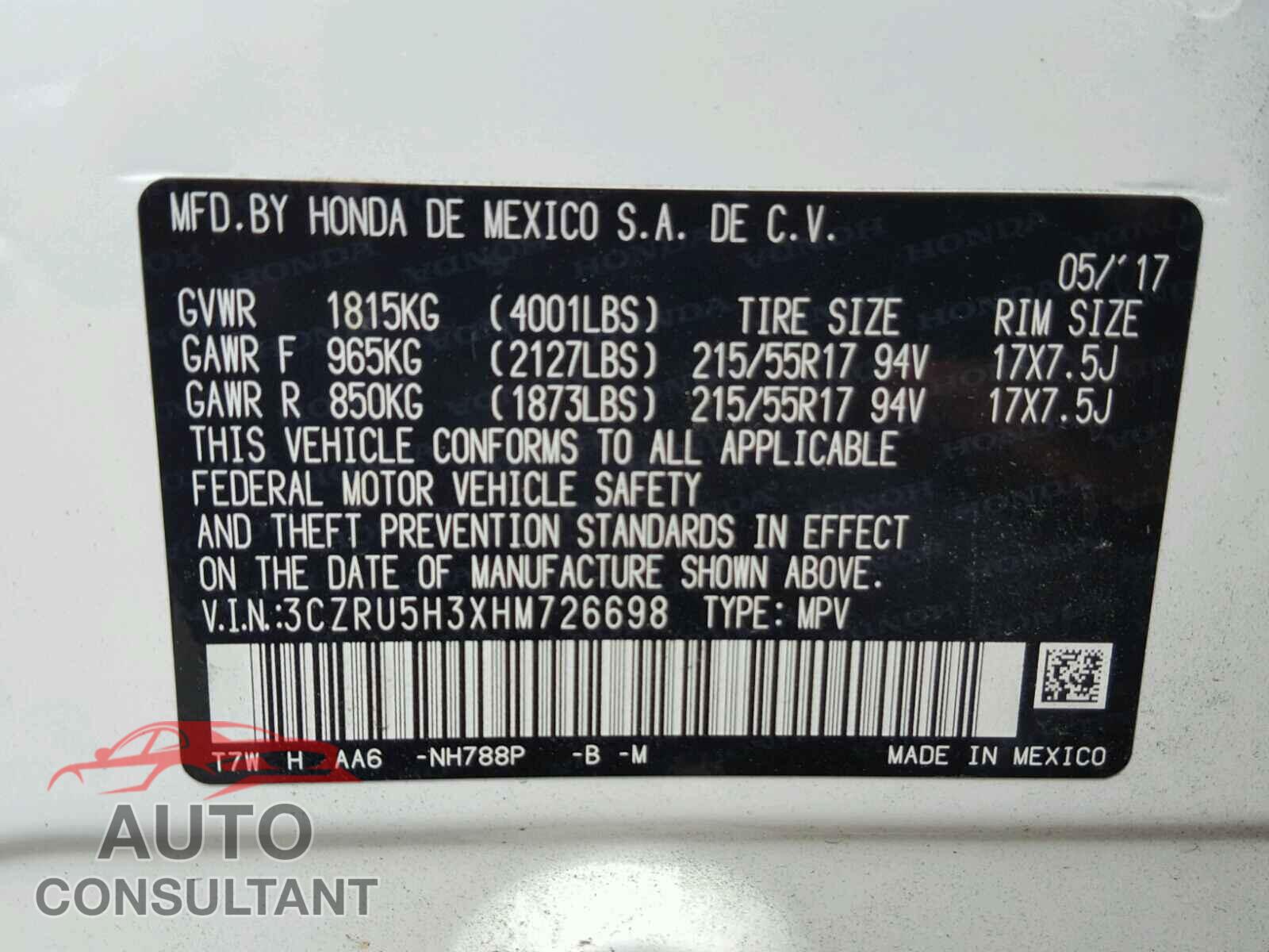 HONDA HR-V 2017 - 3CZRU5H3XHM726698