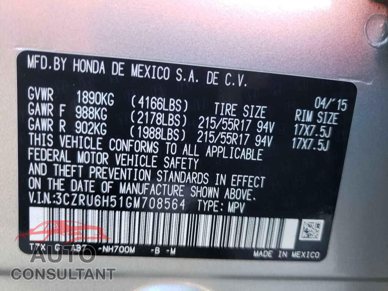 HONDA HR-V 2016 - 3CZRU6H51GM708564