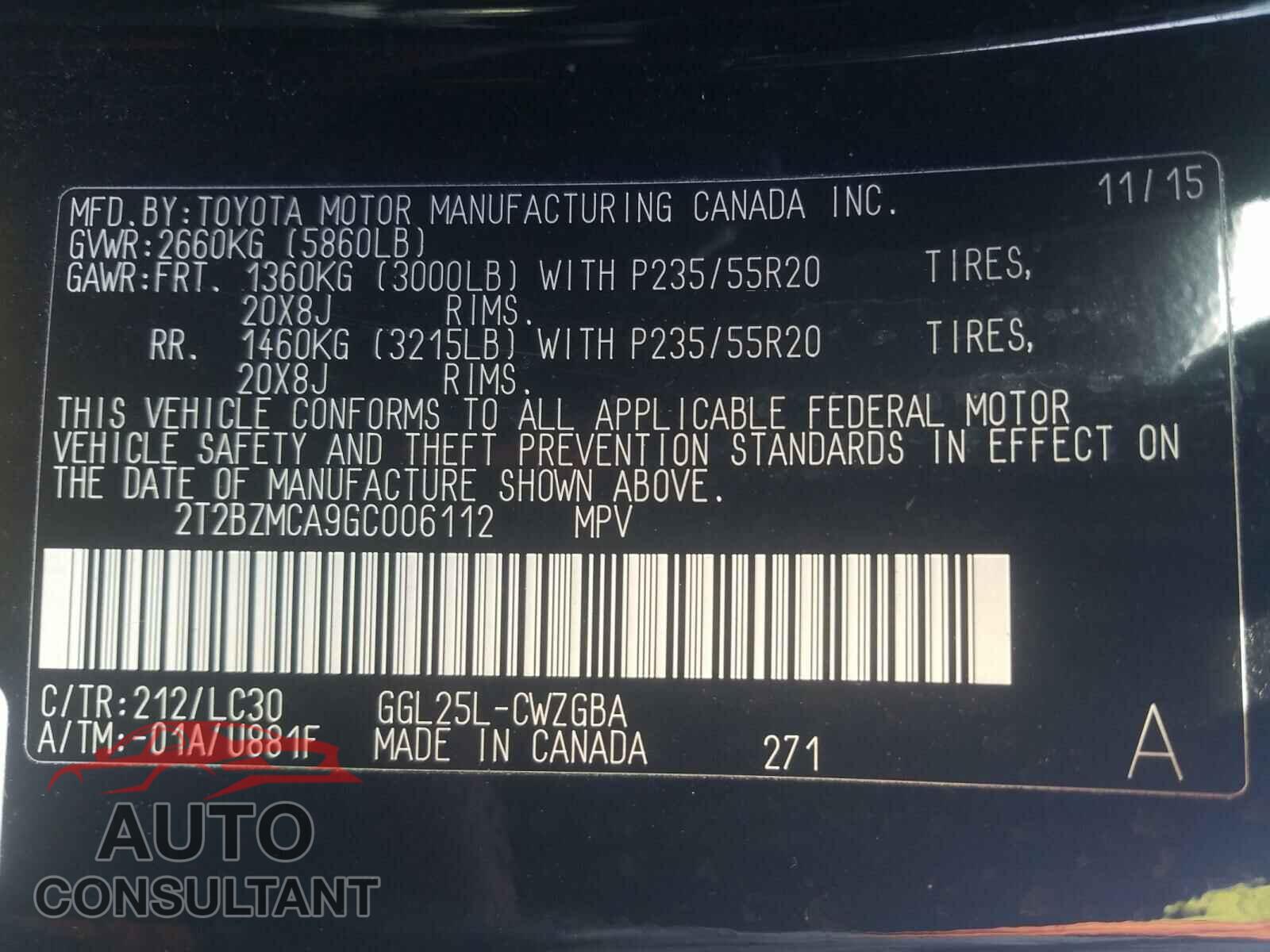 LEXUS RX350 2016 - 2T2BZMCA9GC006112