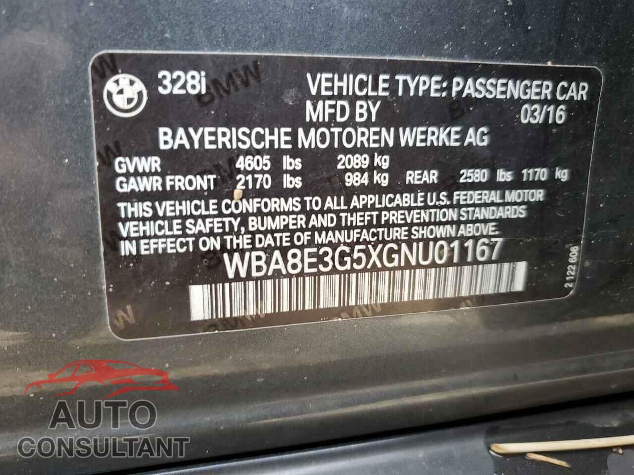 BMW 3 SERIES 2016 - WBA8E3G5XGNU01167