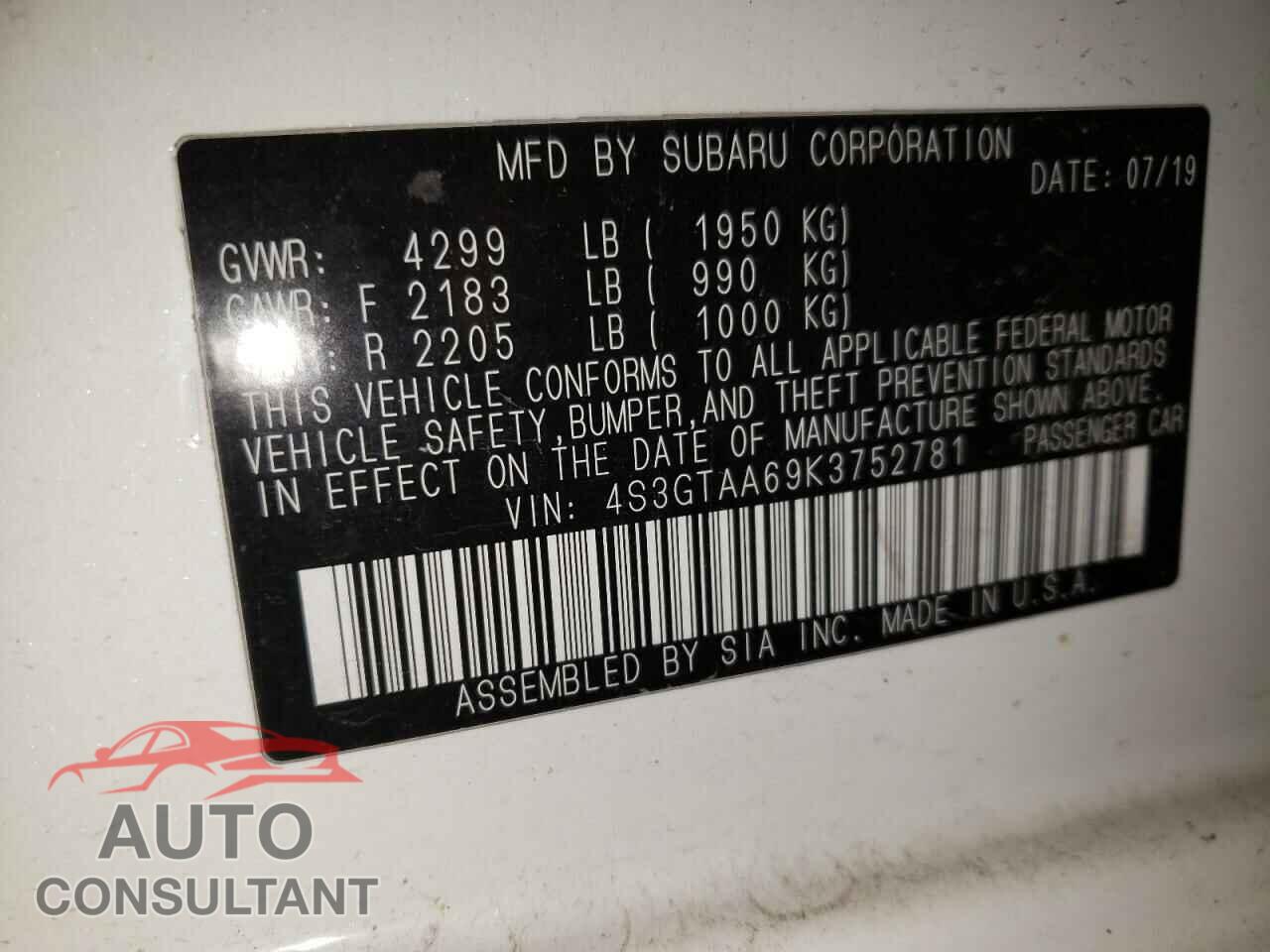 SUBARU IMPREZA 2019 - 4S3GTAA69K3752781