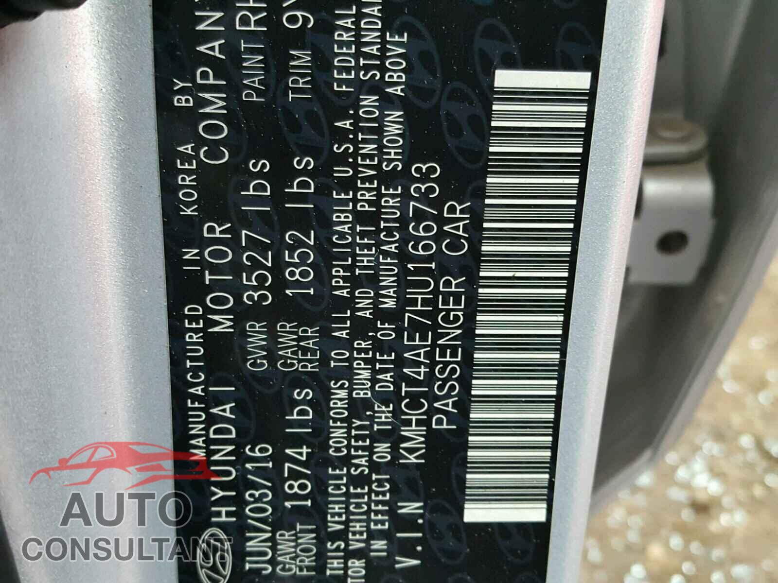 HYUNDAI ACCENT 2017 - KMHCT4AE7HU166733