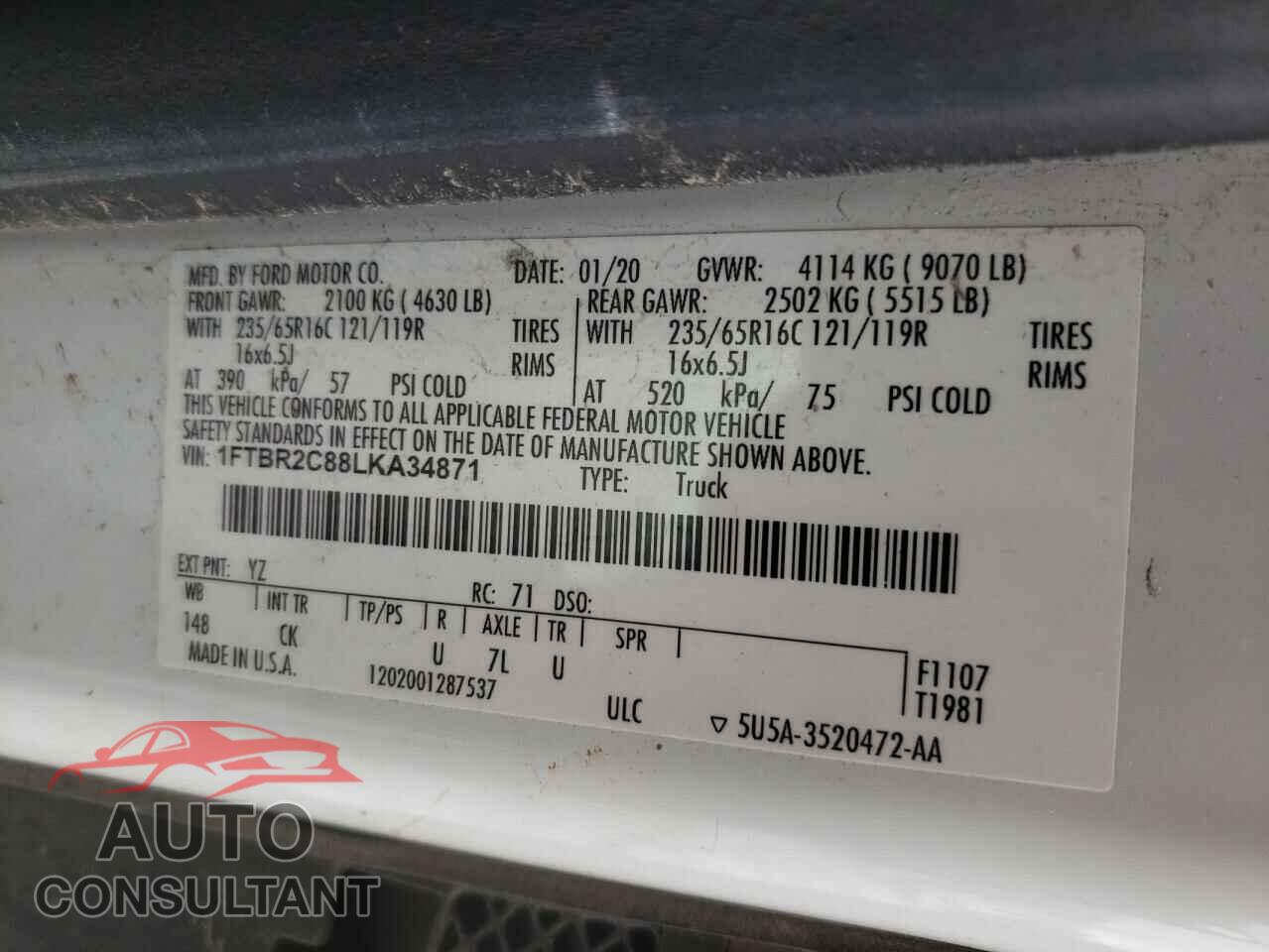 FORD TRANSIT CO 2020 - 1FTBR2C88LKA34871
