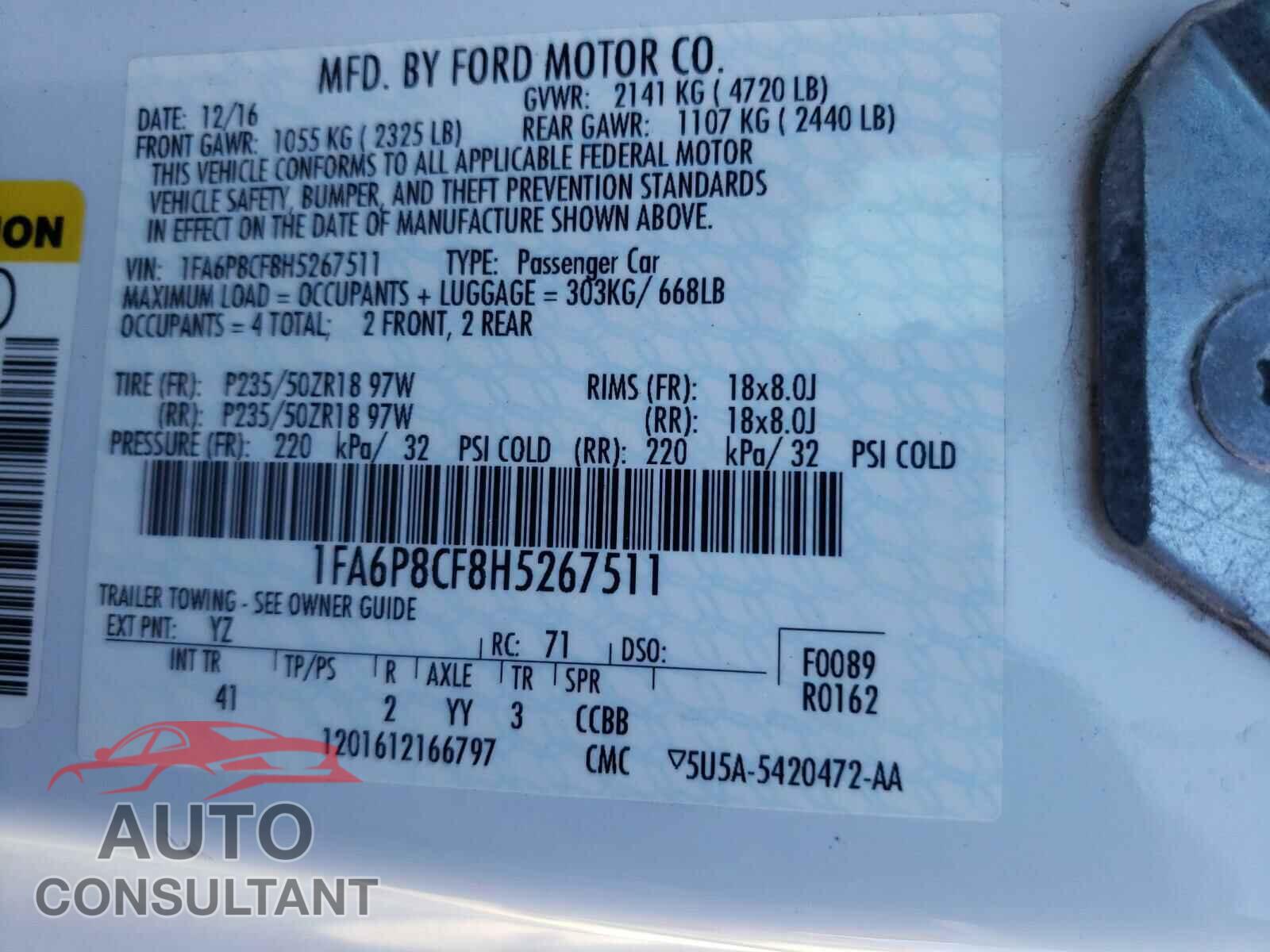 FORD MUSTANG 2017 - 1FA6P8CF8H5267511