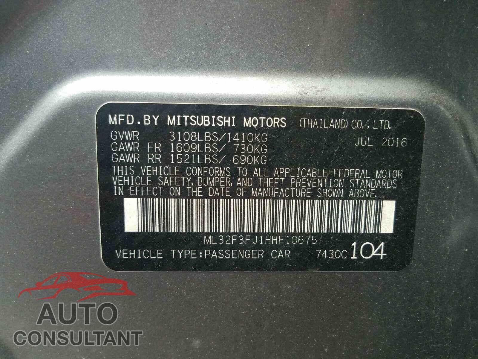 MITSUBISHI MIRAGE 2017 - ML32F3FJ1HHF10675