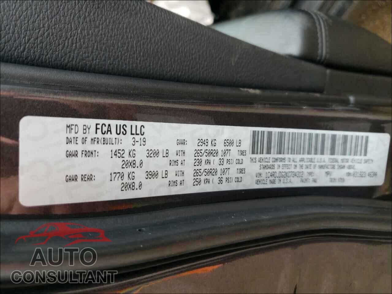 DODGE DURANGO 2019 - 1C4RDJDG2KC734312