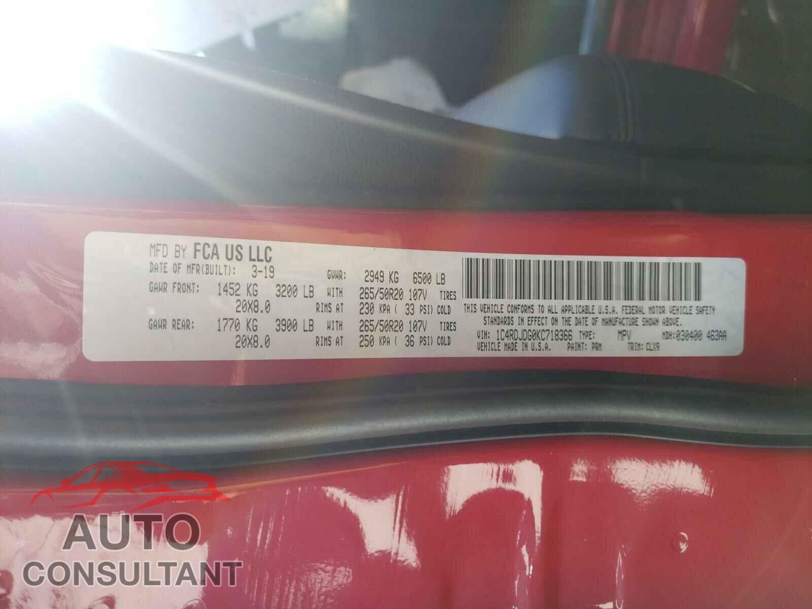 DODGE DURANGO 2019 - 1C4RDJDG0KC718366
