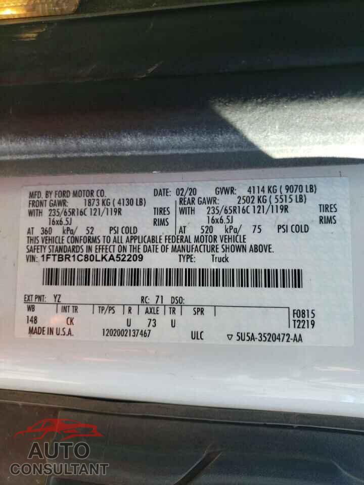 FORD TRANSIT CO 2020 - 1FTBR1C80LKA52209