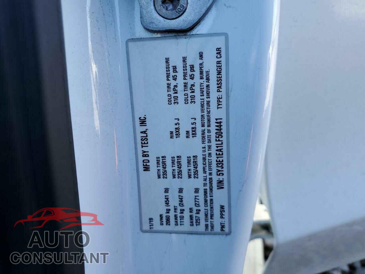 TESLA MODEL 3 2020 - 5YJ3E1EA1LF504441