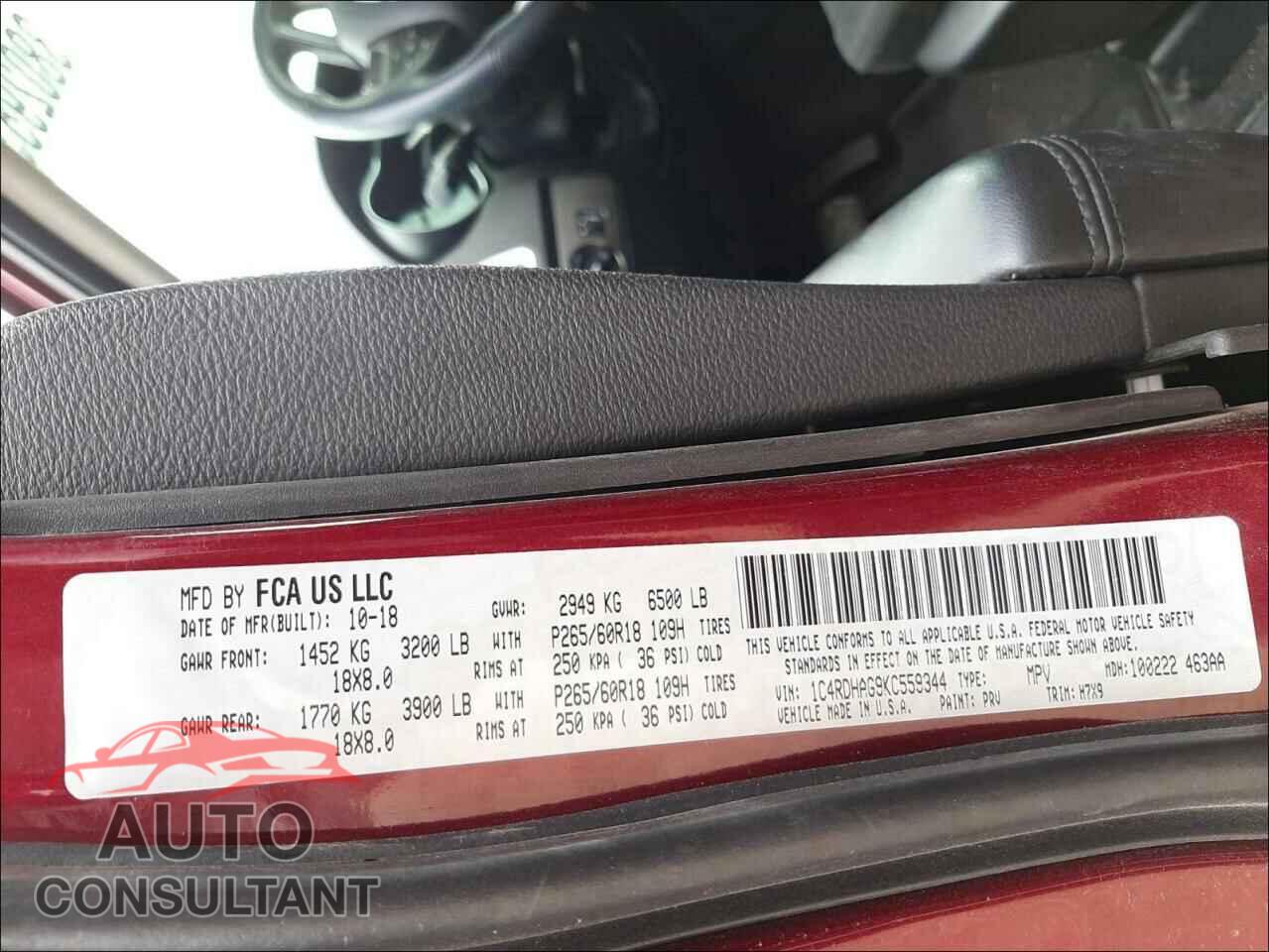 DODGE DURANGO 2019 - 1C4RDHAG9KC559344