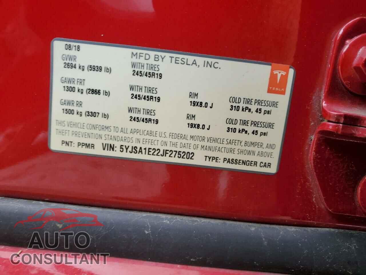 TESLA MODEL S 2018 - 5YJSA1E22JF275202