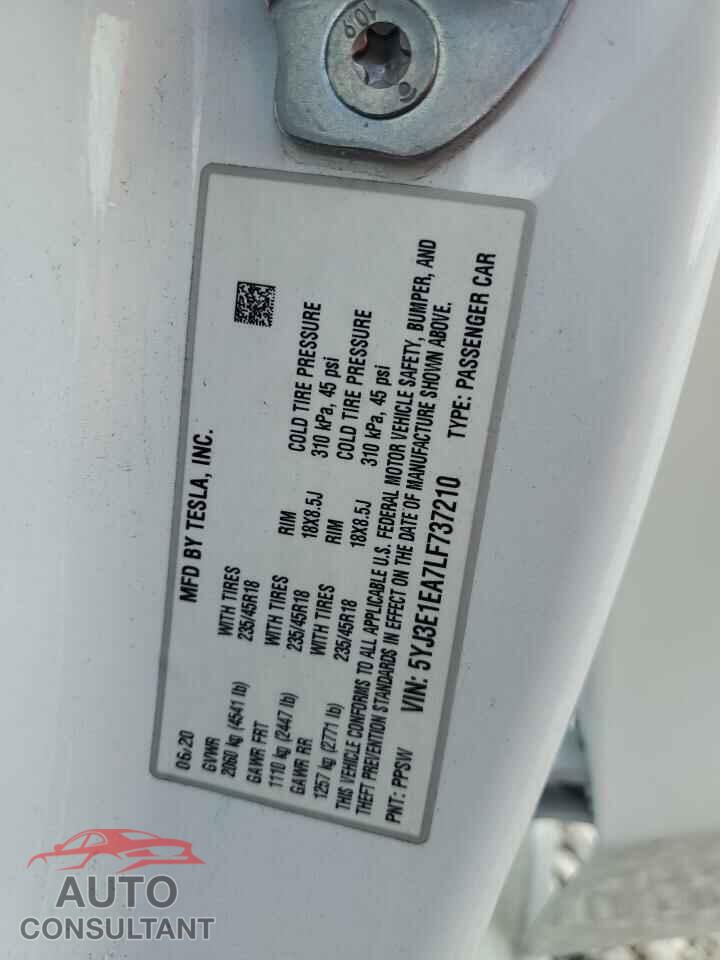 TESLA MODEL 3 2020 - 5YJ3E1EA7LF737210