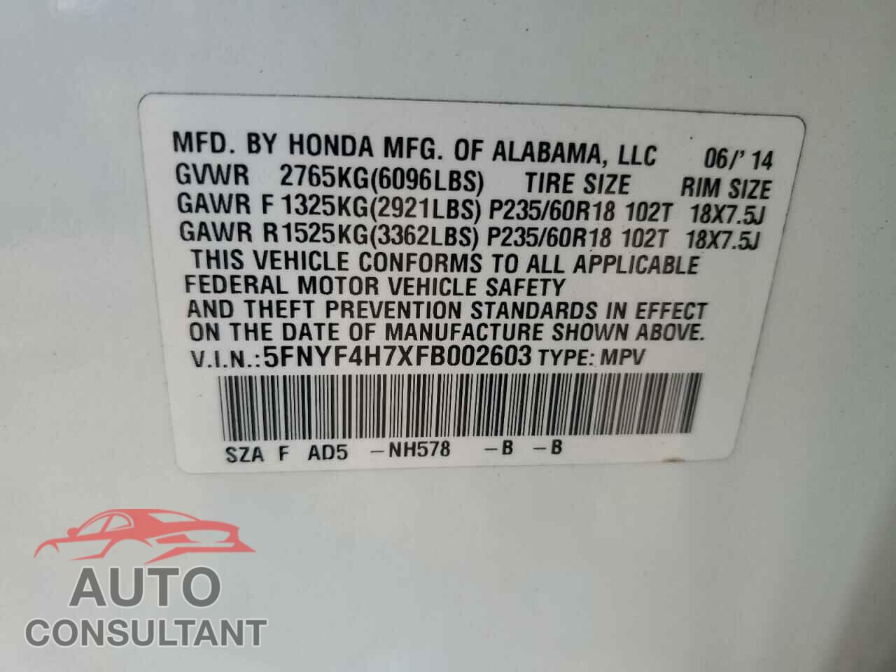 HONDA PILOT 2015 - 5FNYF4H7XFB002603