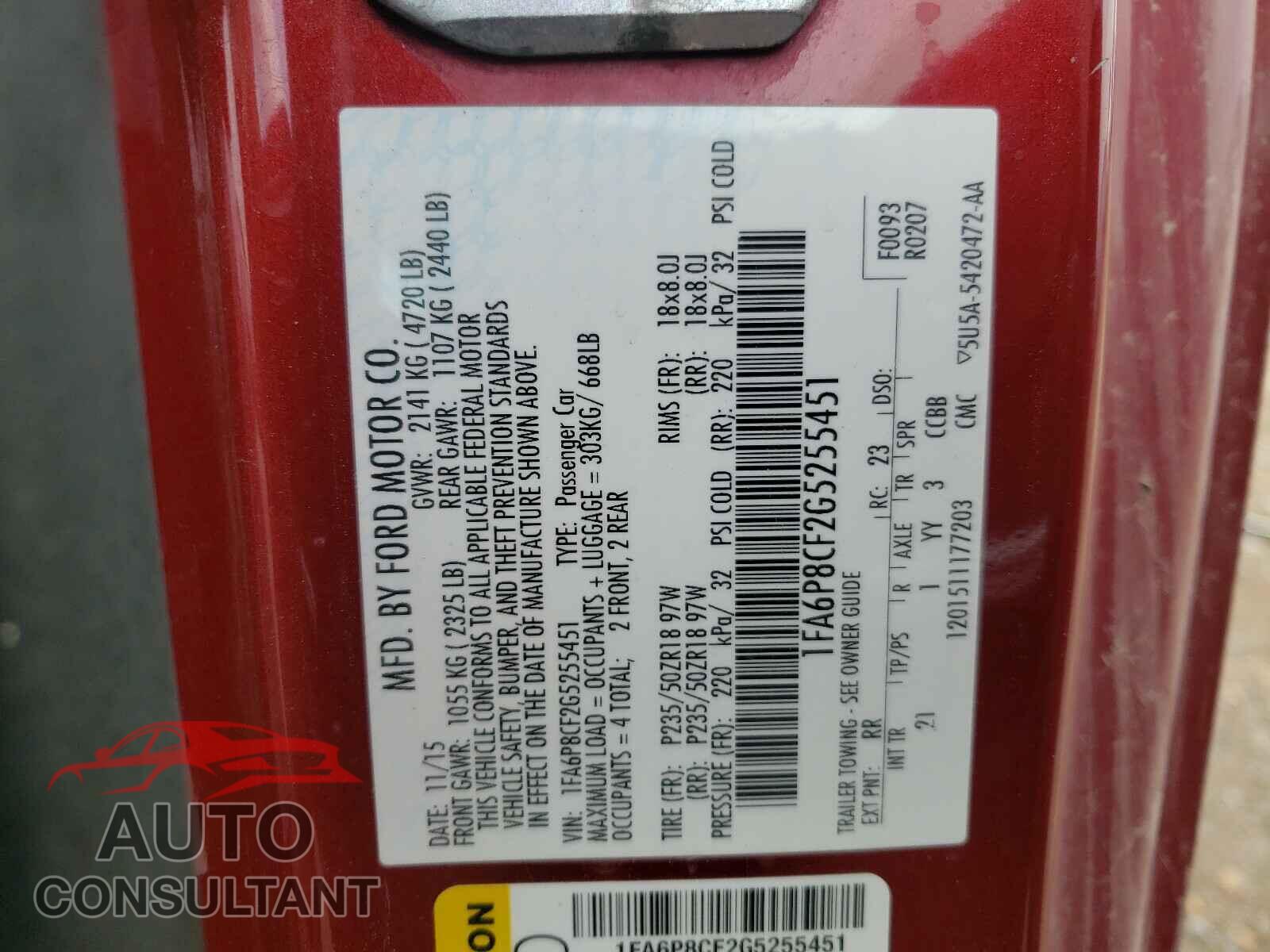 FORD MUSTANG 2016 - 1FA6P8CF2G5255451