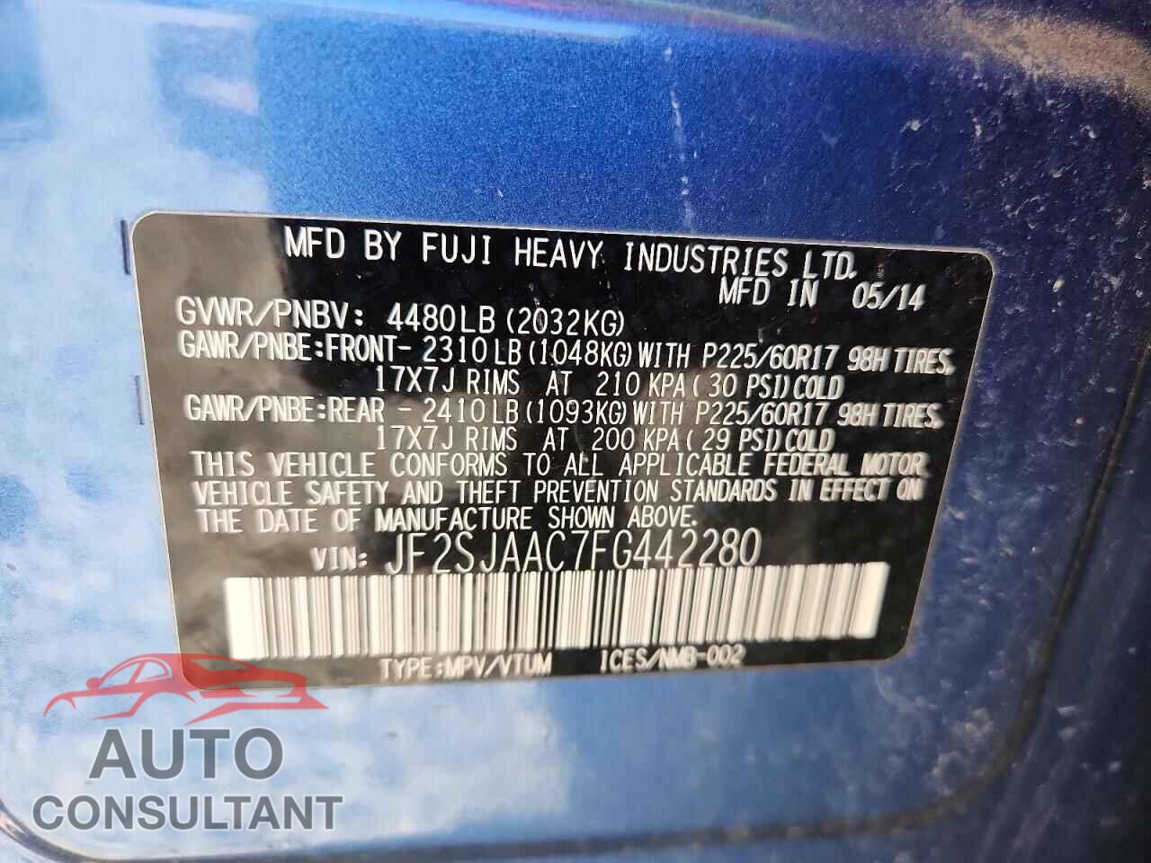 SUBARU FORESTER 2015 - JF2SJAAC7FG442280