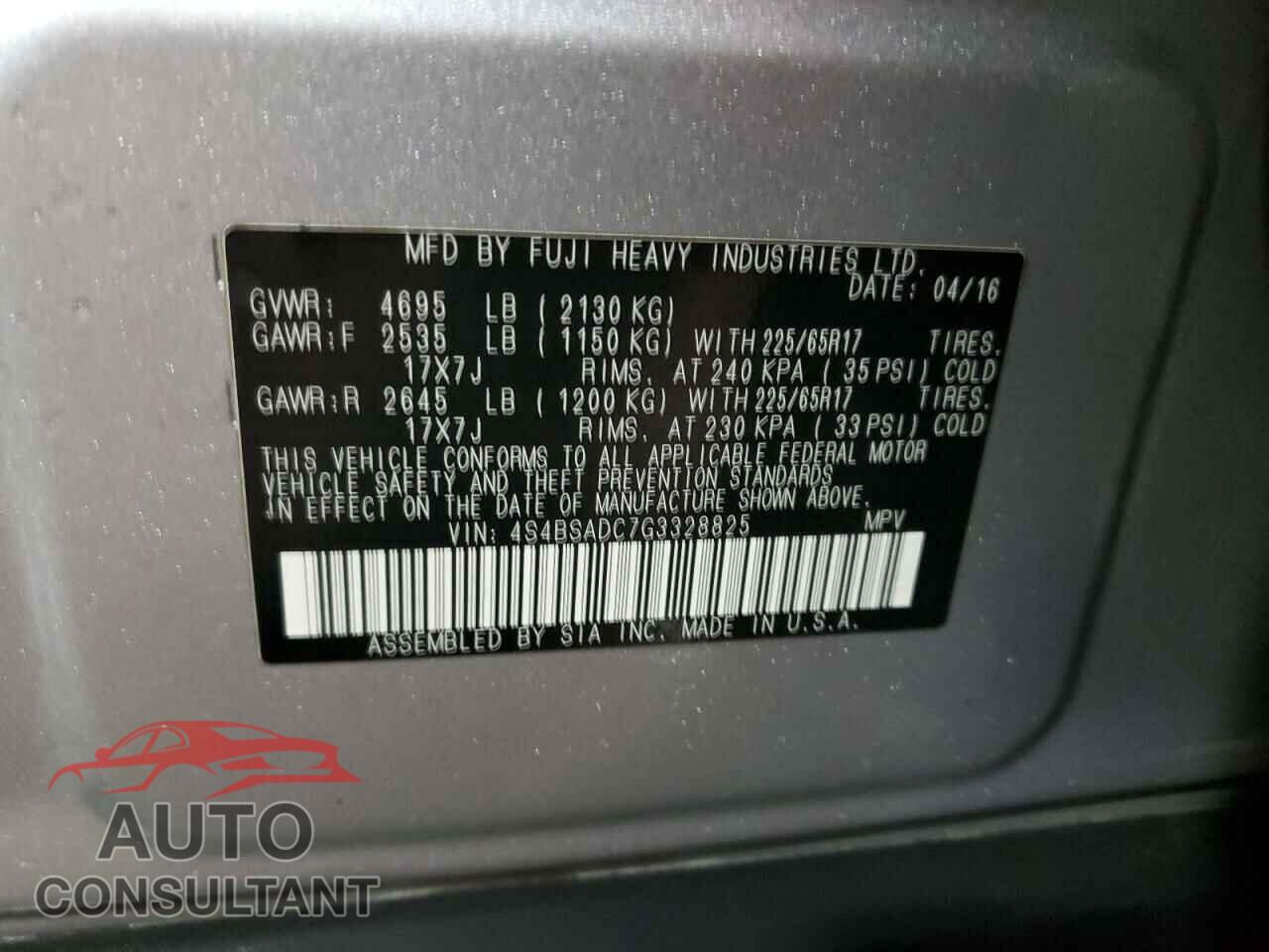 SUBARU OUTBACK 2016 - 4S4BSADC7G3328825