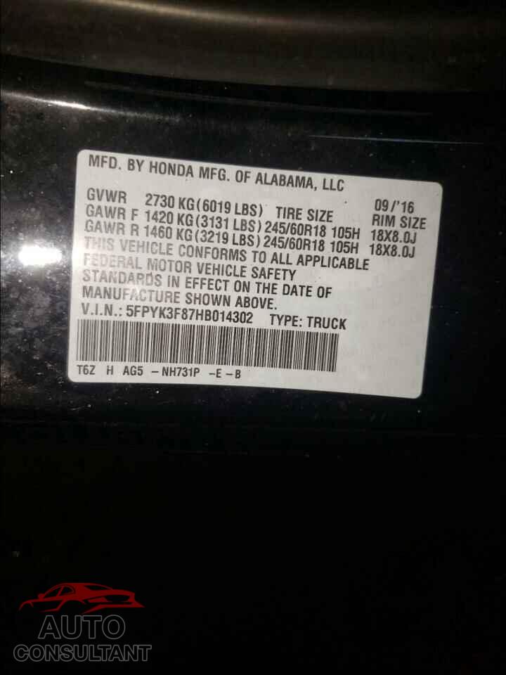 HONDA RIDGELINE 2017 - 5FPYK3F87HB014302