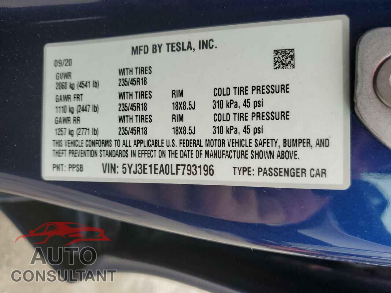 TESLA MODEL 3 2020 - 5YJ3E1EA0LF793196