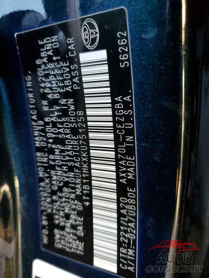 TOYOTA CAMRY 2019 - 4T1B11HKXKU751258