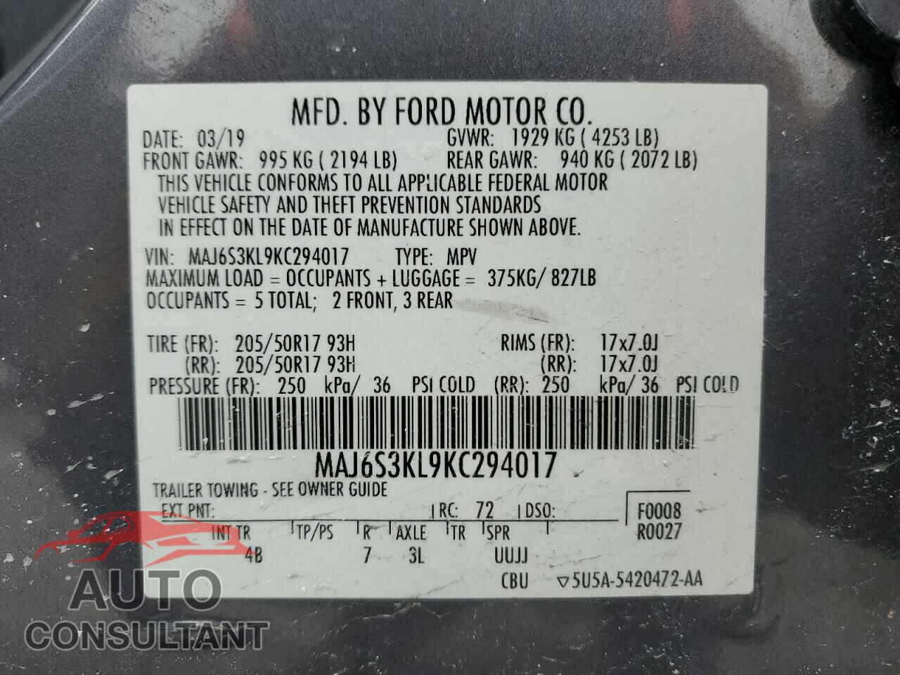 FORD ECOSPORT 2019 - MAJ6S3KL9KC294017