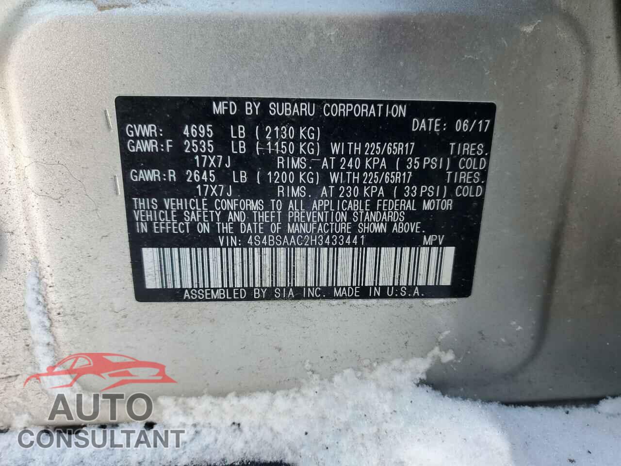 SUBARU OUTBACK 2017 - 4S4BSAAC2H3433441