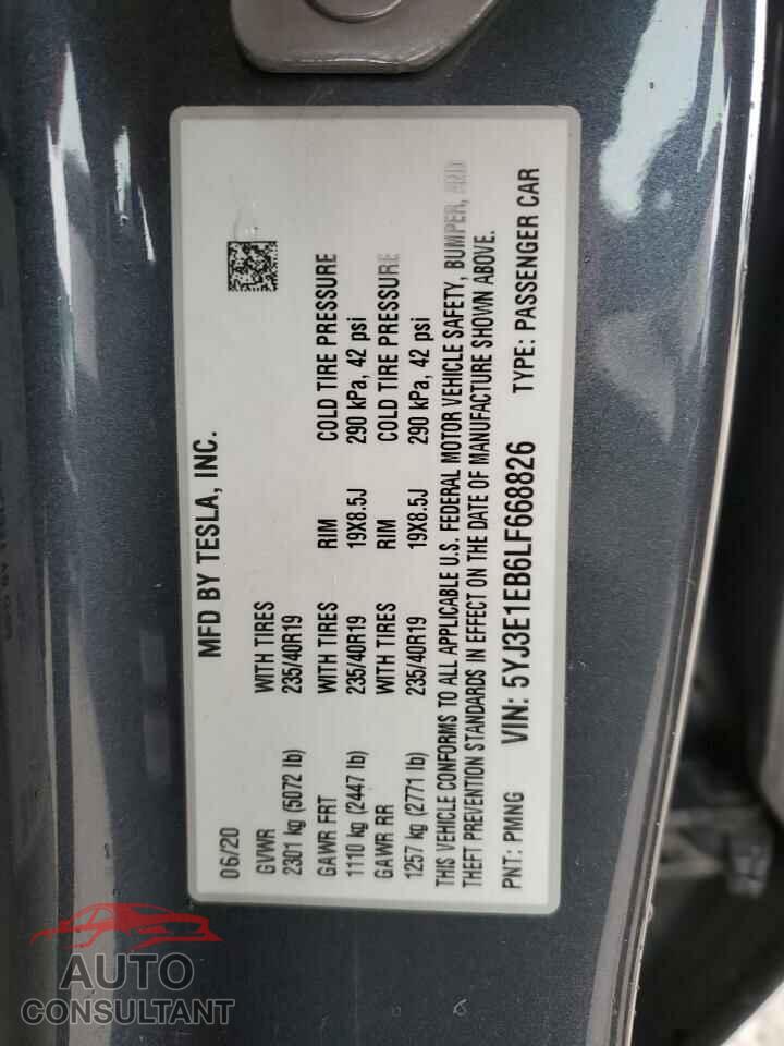 TESLA MODEL 3 2020 - 5YJ3E1EB6LF668826