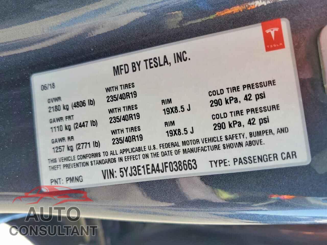 TESLA MODEL 3 2018 - 5YJ3E1EA4JF038663