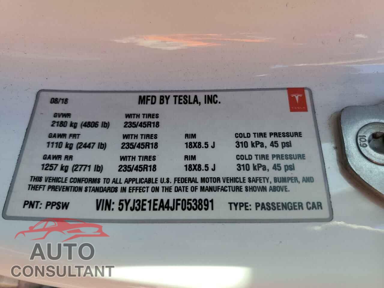 TESLA MODEL 3 2018 - 5YJ3E1EA4JF053891
