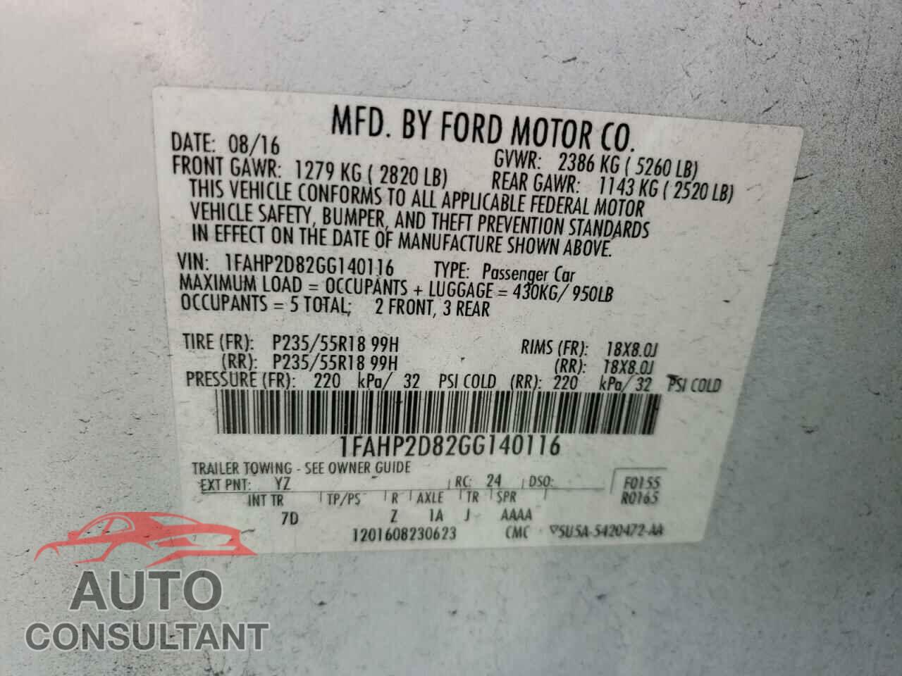 FORD TAURUS 2016 - 1FAHP2D82GG140116