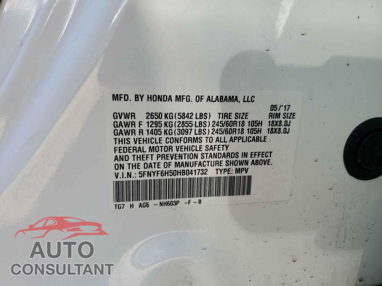 HONDA PILOT 2017 - 5FNYF6H50HB041732