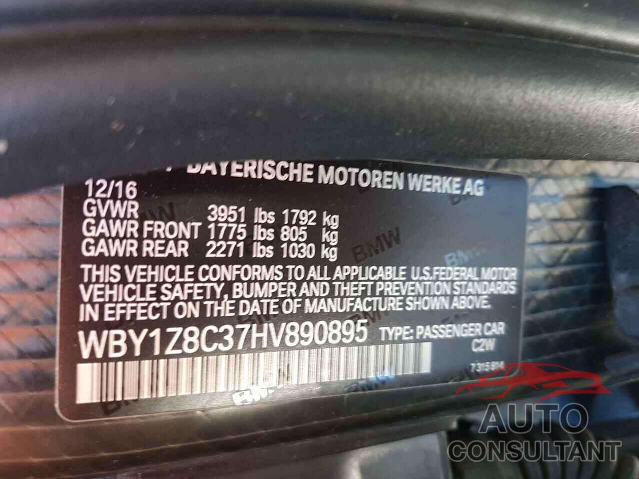 BMW I SERIES 2017 - WBY1Z8C37HV890895