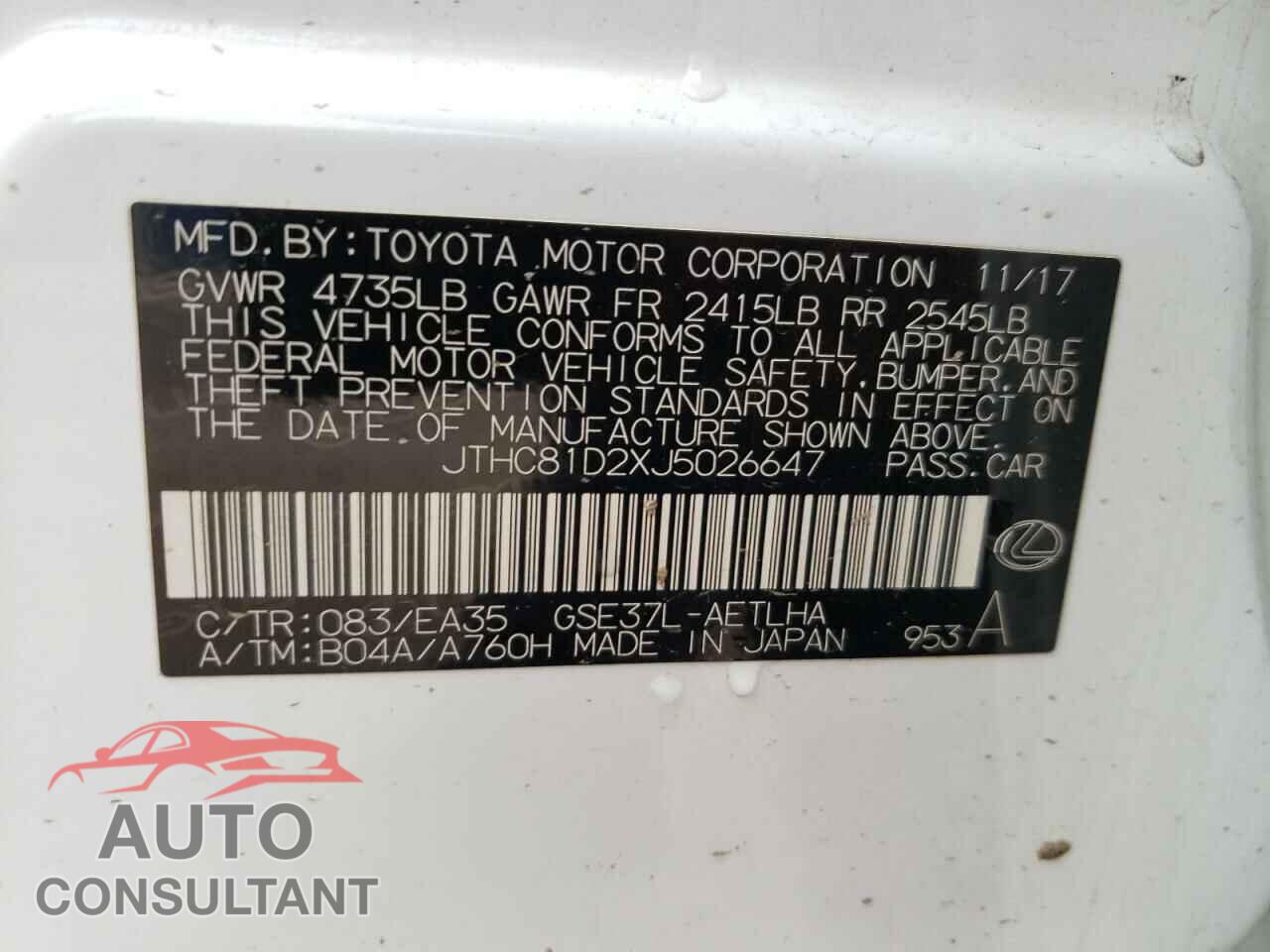LEXUS IS 2018 - JTHC81D2XJ5026647
