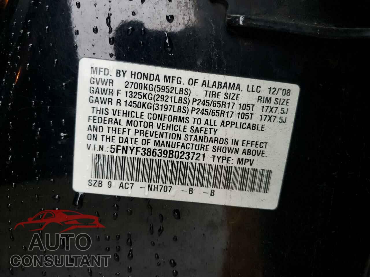 HONDA PILOT 2009 - 5FNYF38639B023721