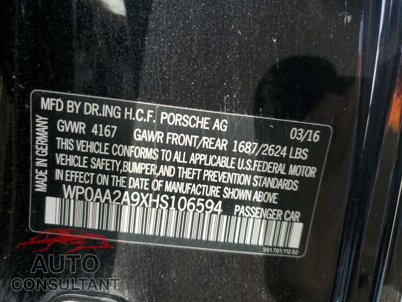 PORSCHE 911 2017 - WP0AA2A9XHS106594
