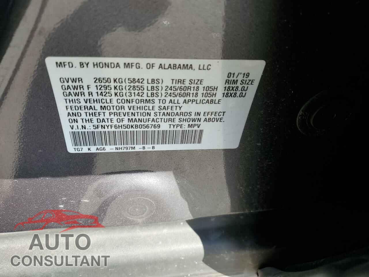 HONDA PILOT 2019 - 5FNYF6H50KB056769