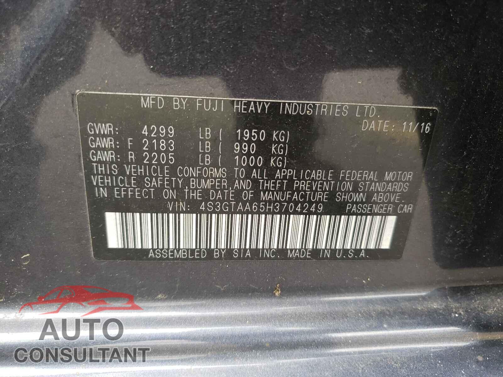 SUBARU IMPREZA 2017 - 4S3GTAA65H3704249
