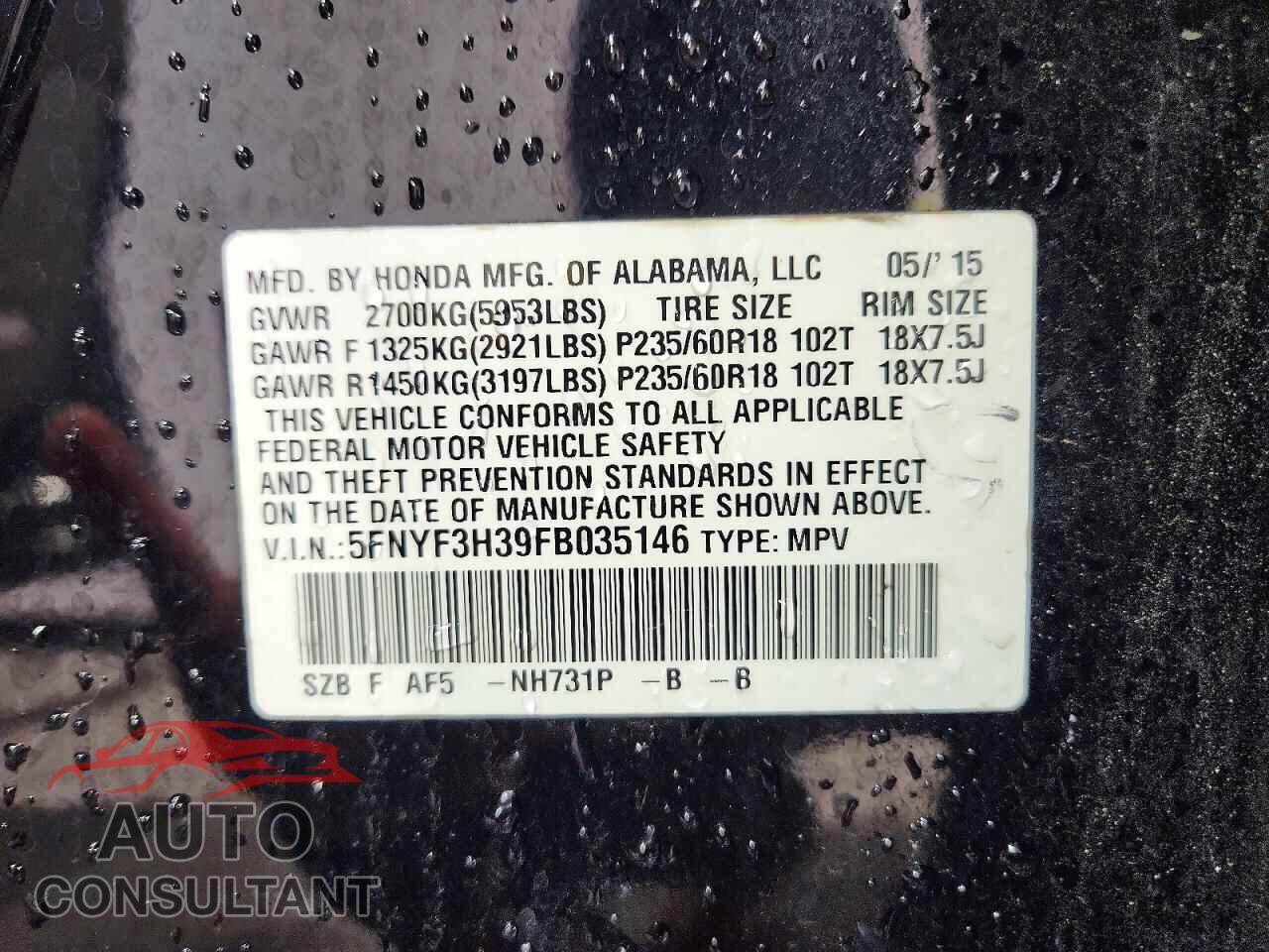 HONDA PILOT 2015 - 5FNYF3H39FB035146