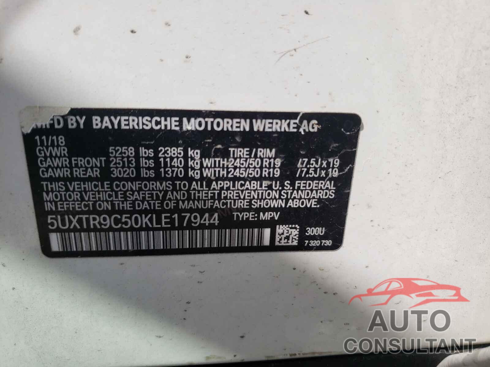 BMW X3 2019 - 5UXTR9C50KLE17944
