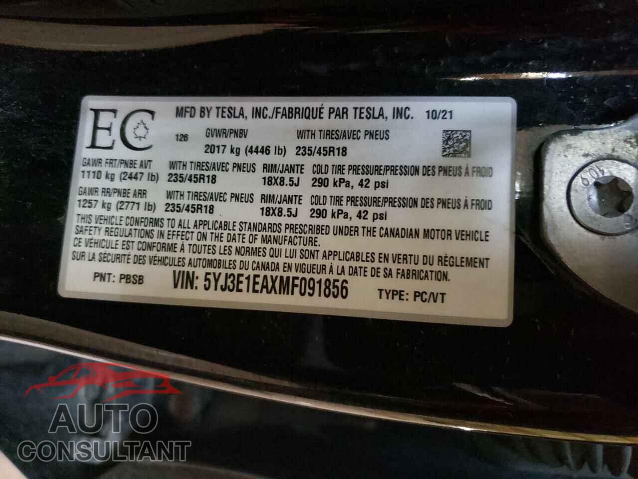 TESLA MODEL 3 2021 - 5YJ3E1EAXMF091856