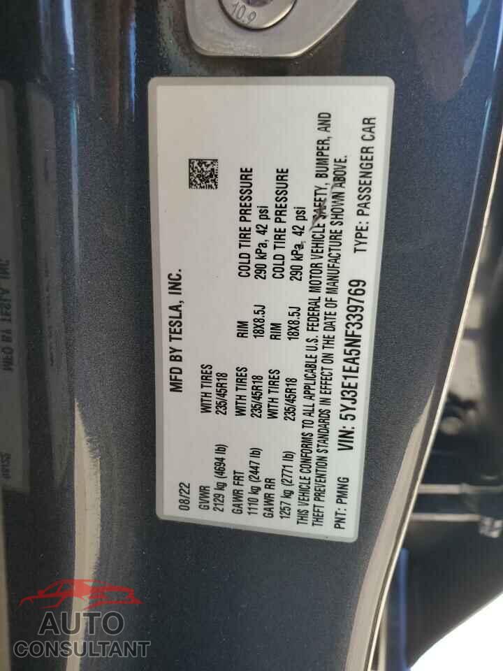 TESLA MODEL 3 2022 - 5YJ3E1EA5NF339769