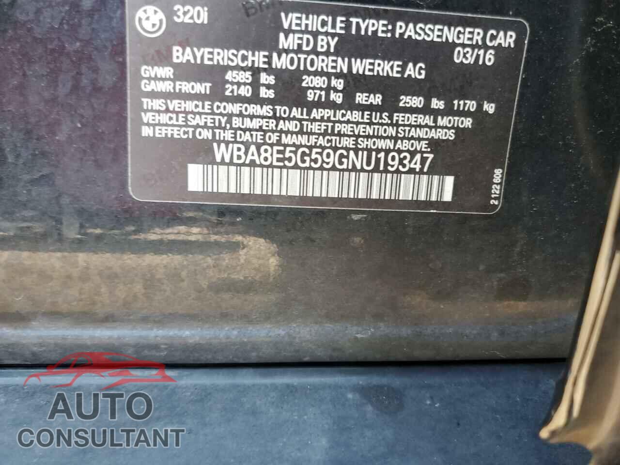 BMW 3 SERIES 2016 - WBA8E5G59GNU19347