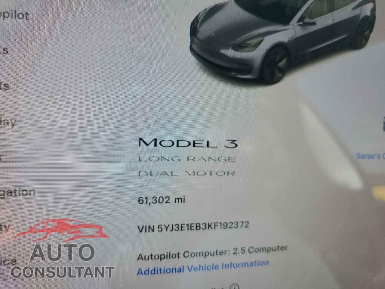 TESLA MODEL 3 2019 - 5YJ3E1EB3KF192372
