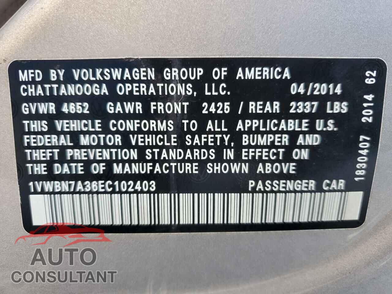 VOLKSWAGEN PASSAT 2014 - 1VWBN7A36EC102403