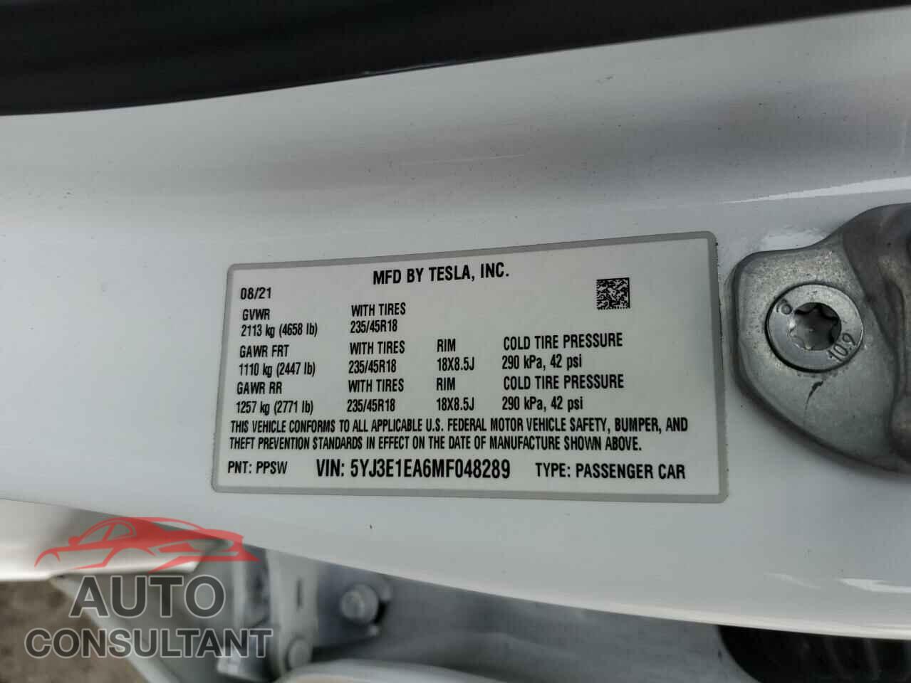 TESLA MODEL 3 2021 - 5YJ3E1EA6MF048289