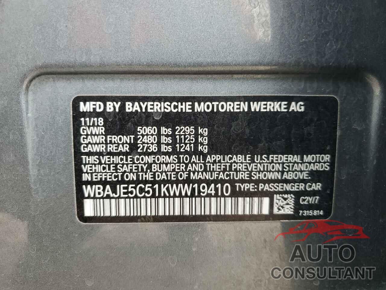 BMW 5 SERIES 2019 - WBAJE5C51KWW19410