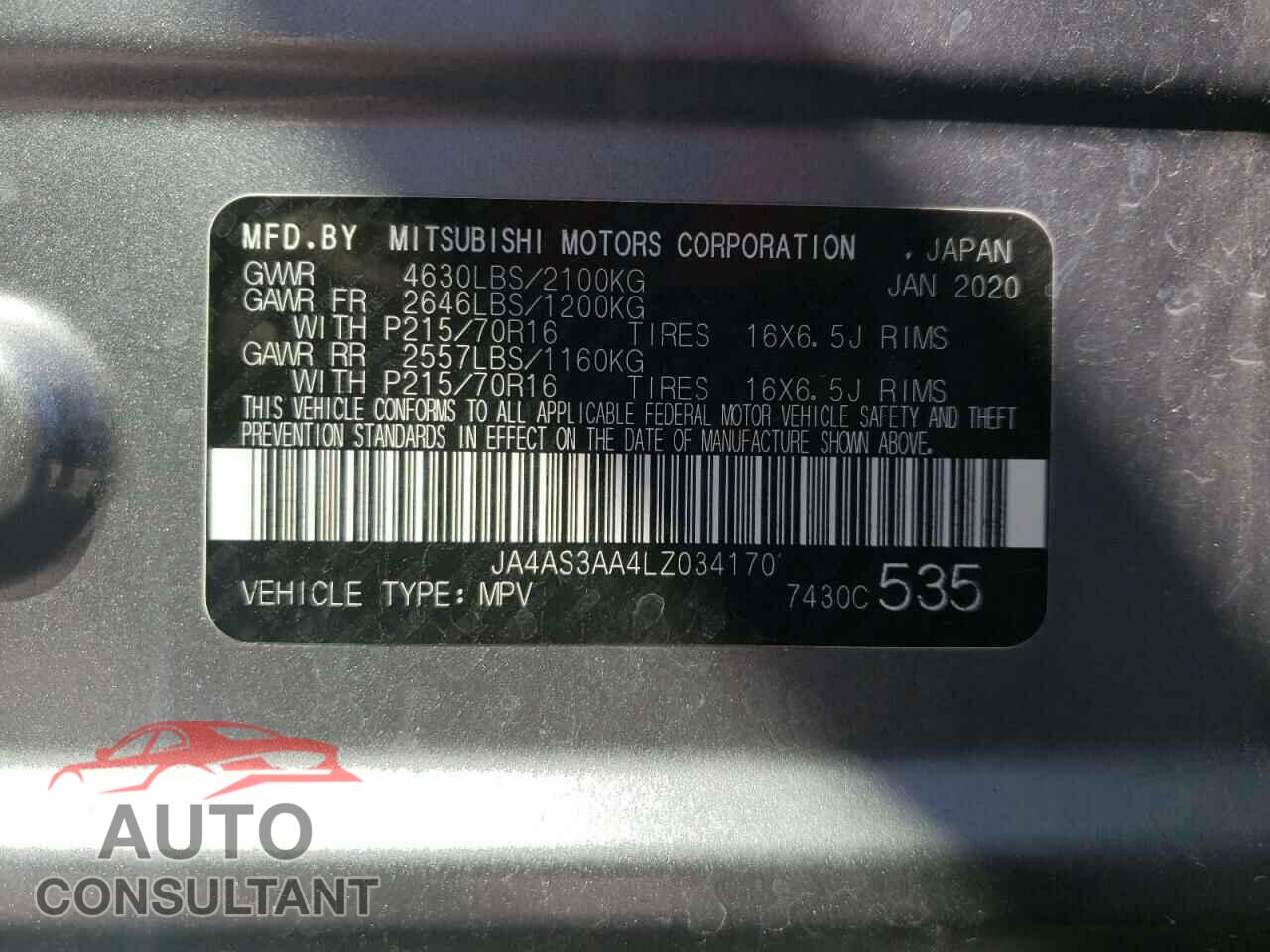 MITSUBISHI ECLIPSE 2020 - JA4AS3AA4LZ034170