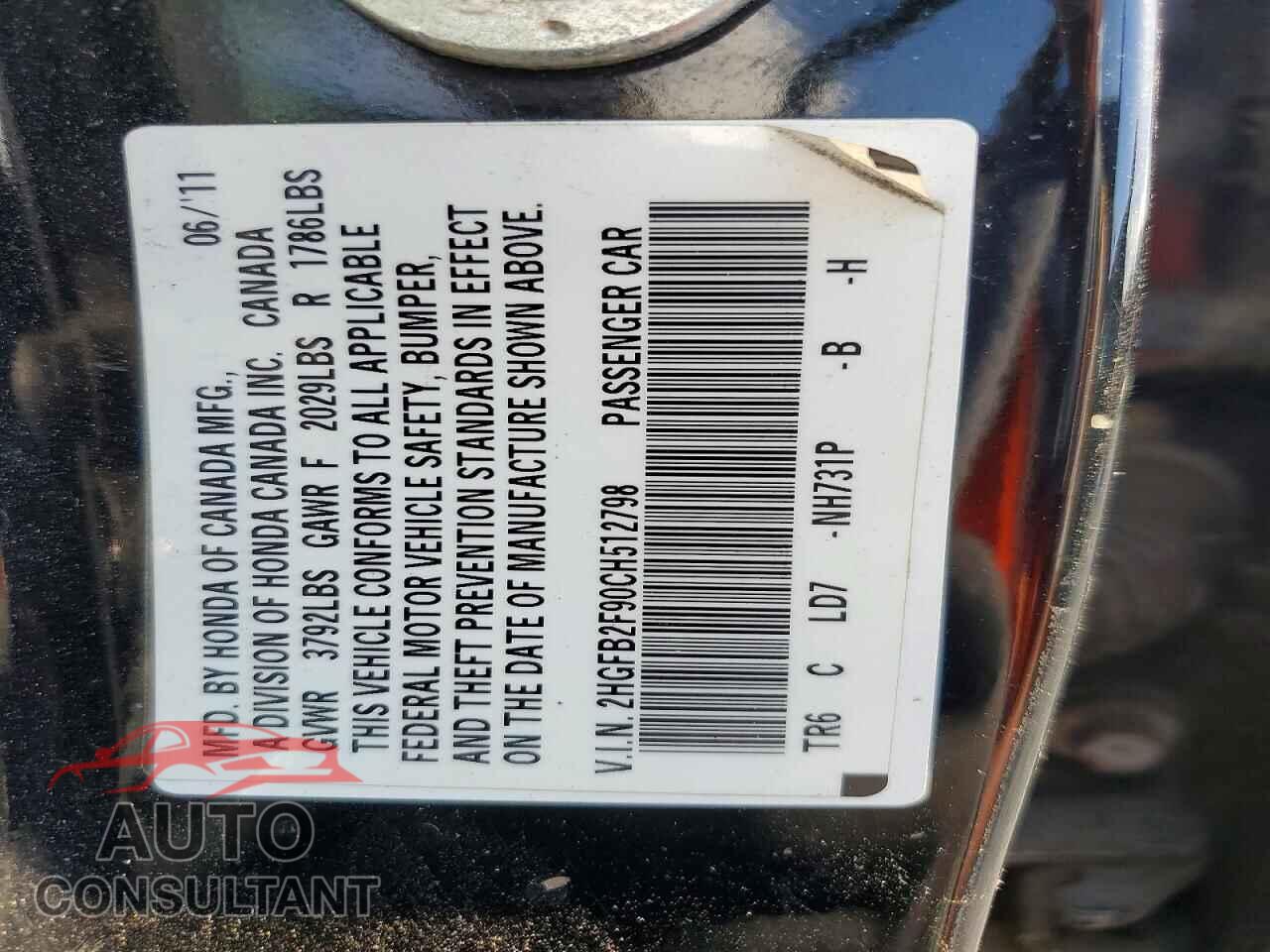 HONDA CIVIC 2012 - 2HGFB2F90CH512798