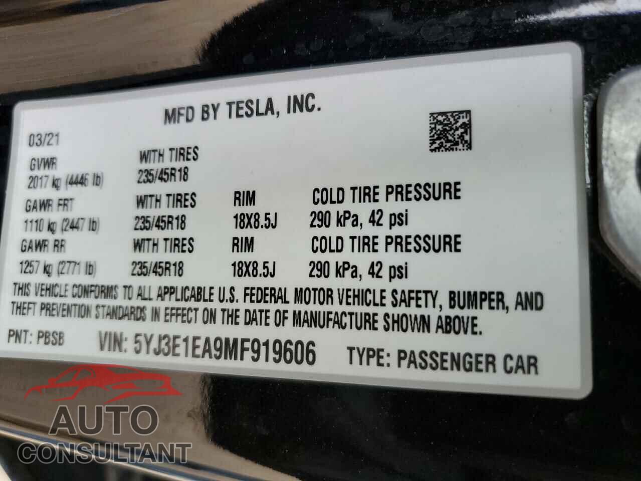 TESLA MODEL 3 2021 - 5YJ3E1EA9MF919606
