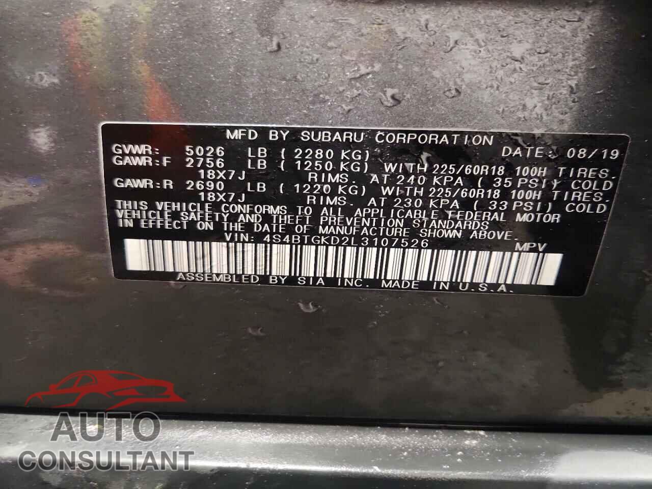 SUBARU OUTBACK 2020 - 4S4BTGKD2L3107526